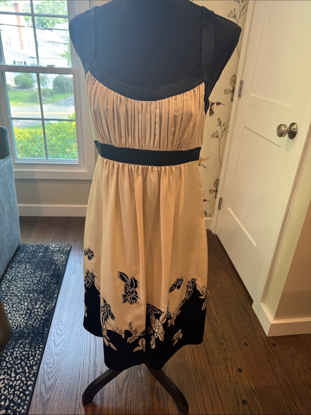 BCBGMaxAzria Black and Cream Floral-Trim Midi Dress